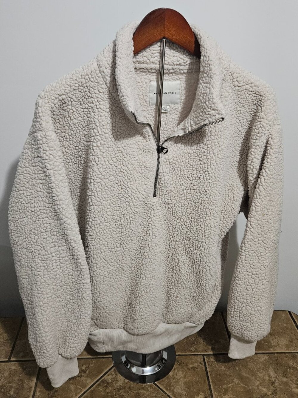 American Eagle Beige Fleece Pullover Zip Neck Size S